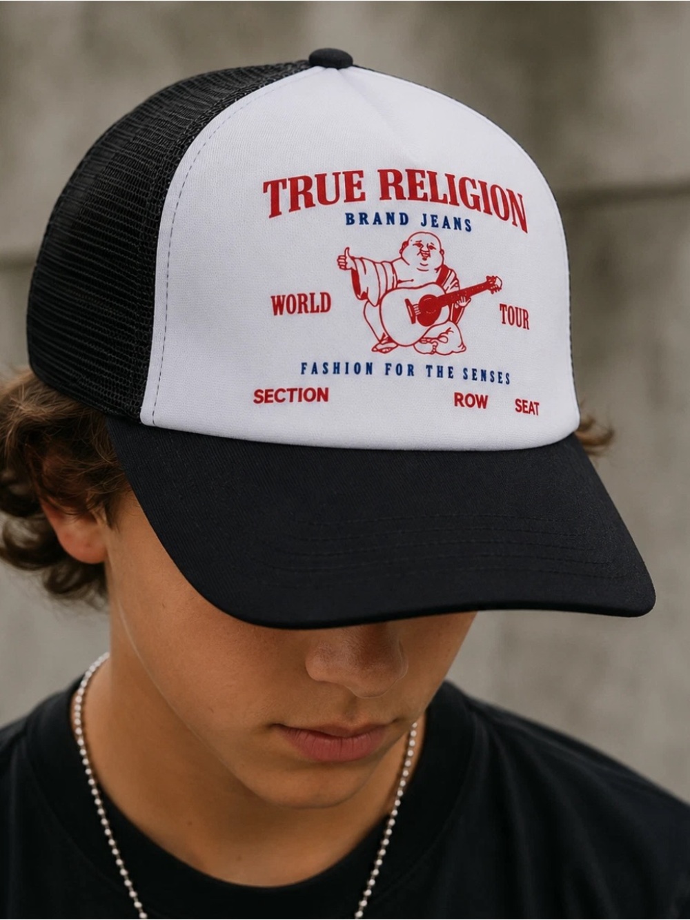 True Religion White, Black and Red Logo Kids Trucker Hat size 5-8 years